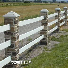 Stone Pillar with Ranch Rail Fence